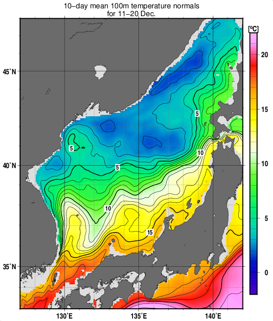 日本海の深さ100mの水温の旬別平年値(1993～2017年の25年間の平均)(12月中旬)