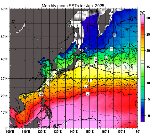 北西太平洋の月平均海面水温分布図（2025年1月）