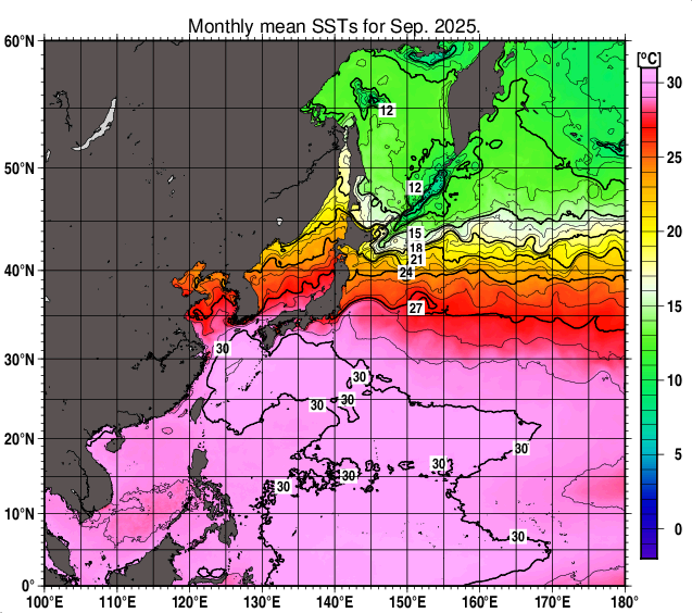 北西太平洋の月平均海面水温分布図（2025年9月）