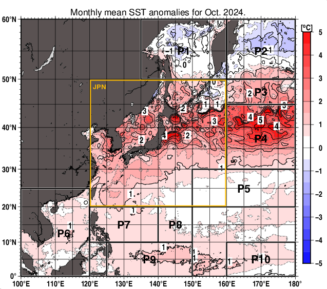 北西太平洋の月平均海面水温平年差分布図（2024年10月）