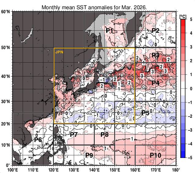 北西太平洋の月平均海面水温平年差分布図（2026年3月）