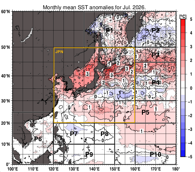 北西太平洋の月平均海面水温平年差分布図（2026年7月）