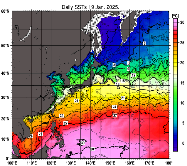 北西太平洋の海面水温分布図（1月19日）