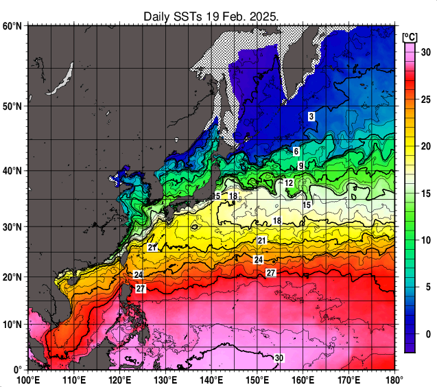 北西太平洋の海面水温分布図（2月19日）