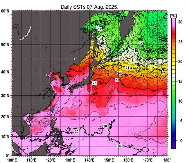 北西太平洋の海面水温分布図（8月7日）