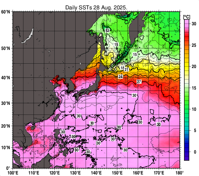 北西太平洋の海面水温分布図（8月28日）