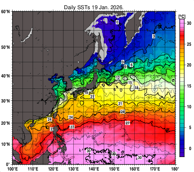 北西太平洋の海面水温分布図（1月19日）