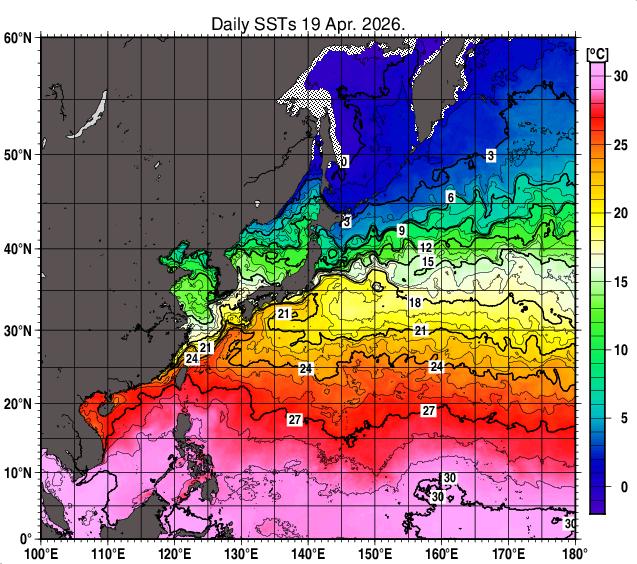 北西太平洋の海面水温分布図（4月19日）