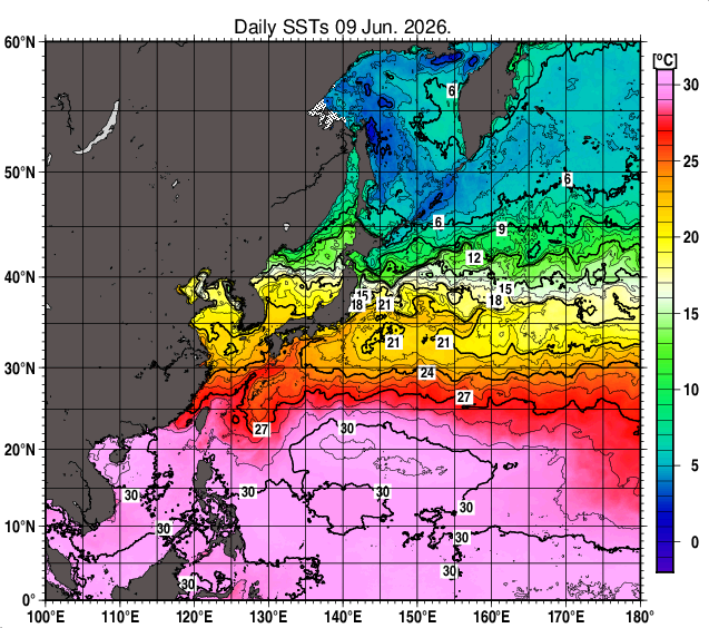 北西太平洋の海面水温分布図（6月9日）