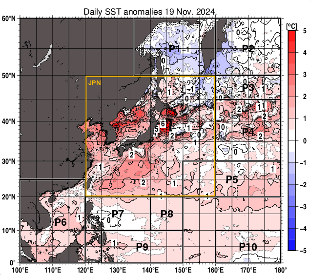 北西太平洋の海面水温平年差分布図（11月19日）
