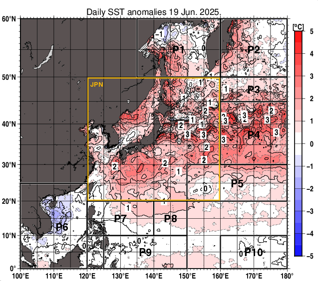 北西太平洋の海面水温平年差分布図（6月19日）