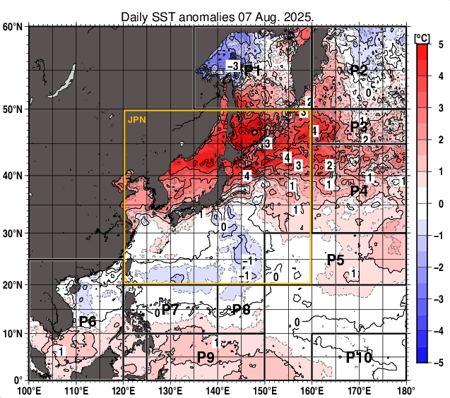 北西太平洋の海面水温平年差分布図（8月7日）