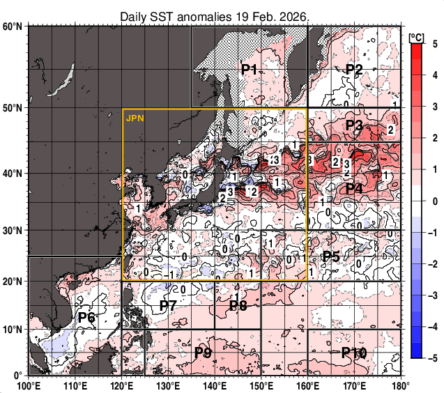 北西太平洋の海面水温平年差分布図（2月19日）