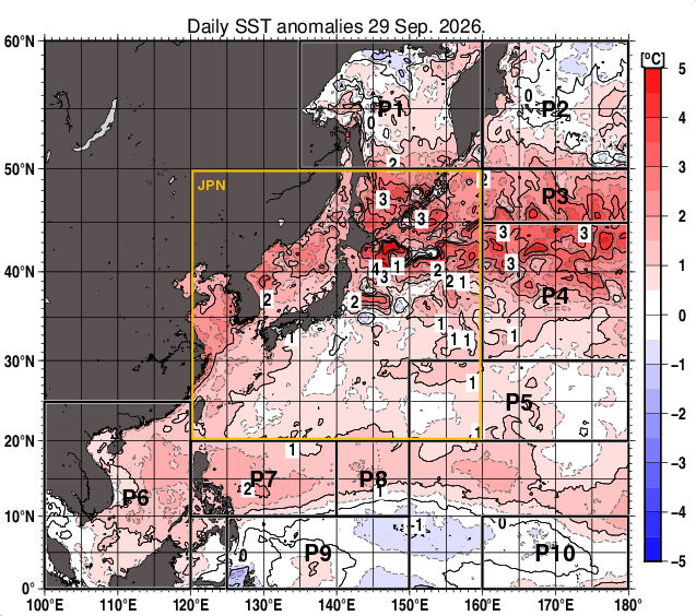 北西太平洋の海面水温平年差分布図（9月29日）