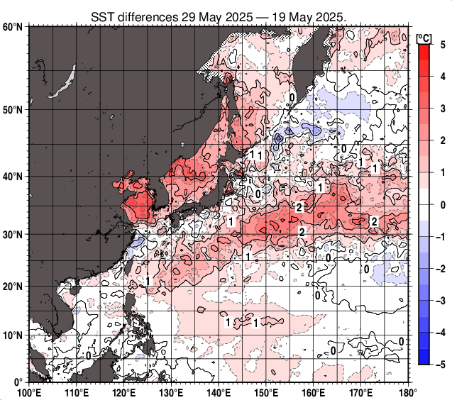北西太平洋の10日間の海面水温変化量分布図（5月29日）