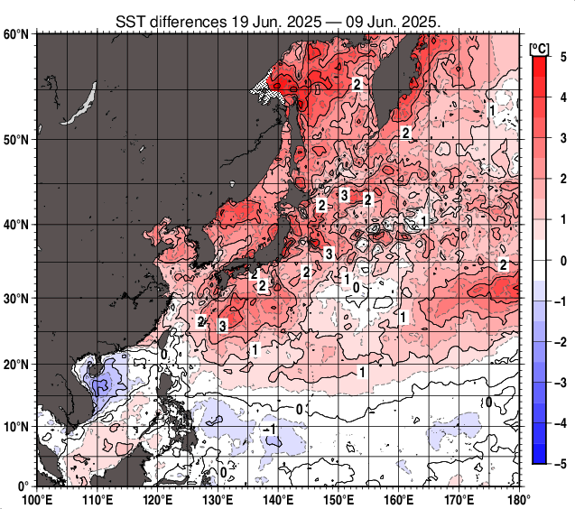 北西太平洋の10日間の海面水温変化量分布図（6月19日）
