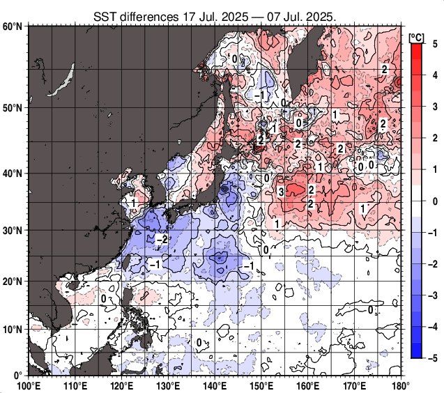 北西太平洋の10日間の海面水温変化量分布図（7月17日）