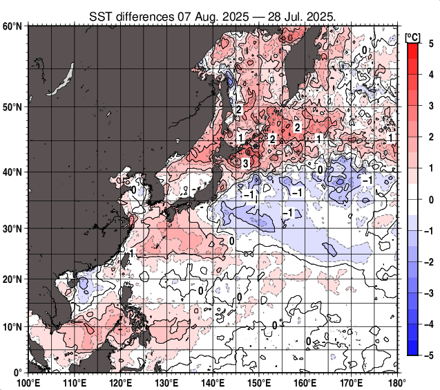 北西太平洋の10日間の海面水温変化量分布図（8月7日）