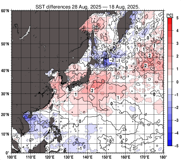 北西太平洋の10日間の海面水温変化量分布図（8月28日）