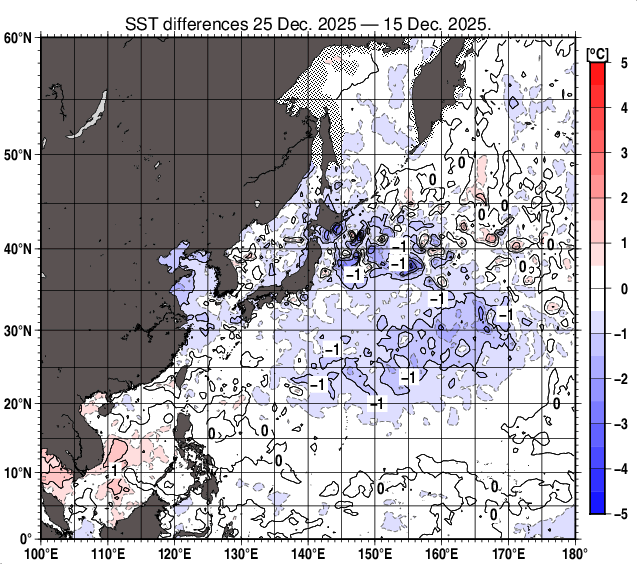 北西太平洋の10日間の海面水温変化量分布図（12月25日）