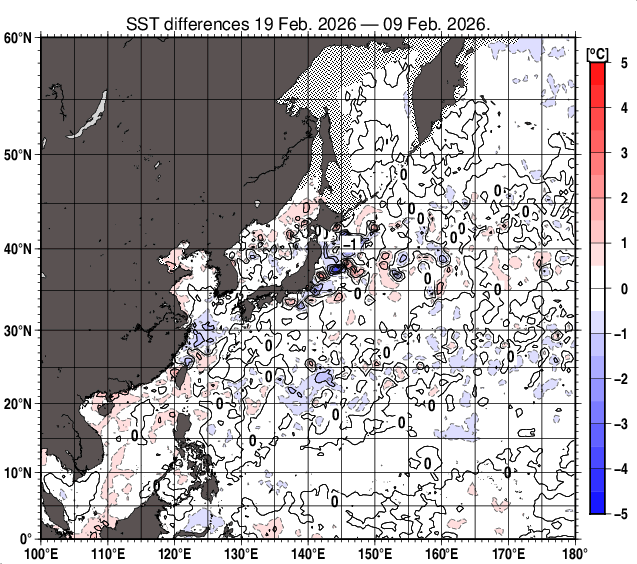 北西太平洋の10日間の海面水温変化量分布図（2月19日）