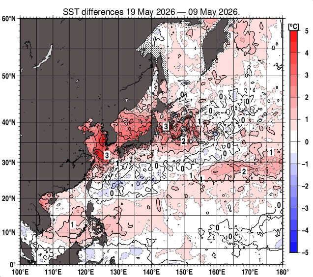 北西太平洋の10日間の海面水温変化量分布図（5月19日）
