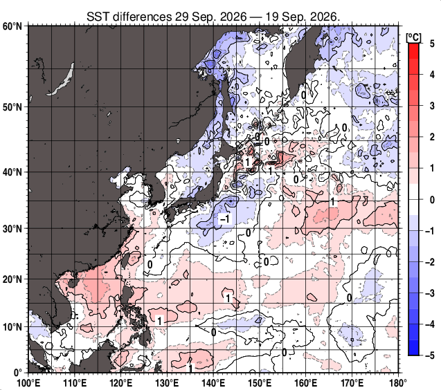 北西太平洋の10日間の海面水温変化量分布図（9月29日）