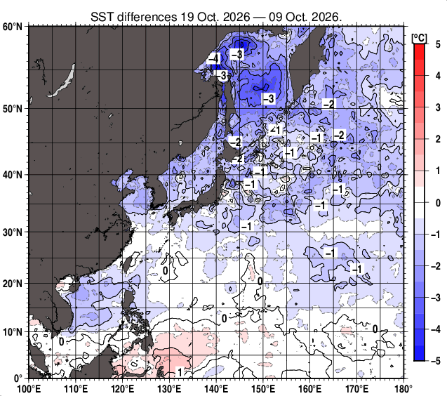 北西太平洋の10日間の海面水温変化量分布図（10月19日）