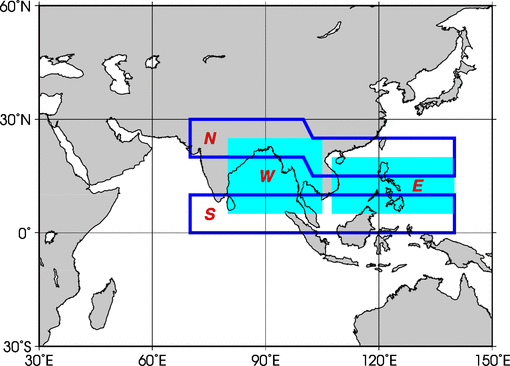 Fig. The areas of Summer Asian Monsoon OLR Indices (SAMOI)