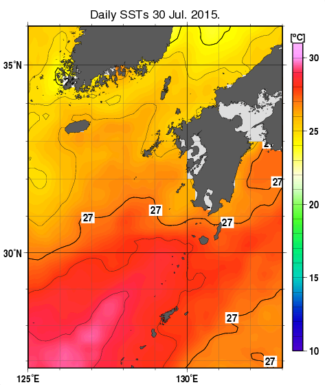 九州・山口県周辺海域の海面水温分布図（7月30日）