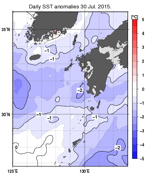 九州・山口県周辺海域の海面水温平年差分布図（7月30日）
