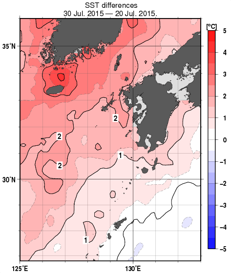 九州・山口県周辺海域の10日間の海面水温変化量分布図（7月30日）