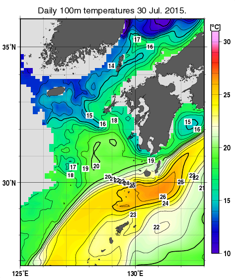 九州・山口県周辺海域の深さ100mの水温分布図（7月30日）