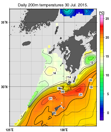 九州・山口県周辺海域の深さ200mの水温分布図（7月30日）