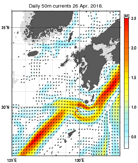 九州・山口県周辺海域の深さ50mの海流分布図（4月26日）