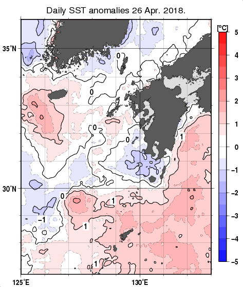 九州・山口県周辺海域の海面水温平年差分布図（4月26日）