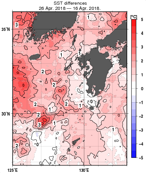 九州・山口県周辺海域の10日間の海面水温変化量分布図（4月26日）