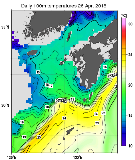 九州・山口県周辺海域の深さ100mの水温分布図（4月26日）