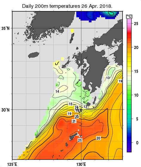 九州・山口県周辺海域の深さ200mの水温分布図（4月26日）