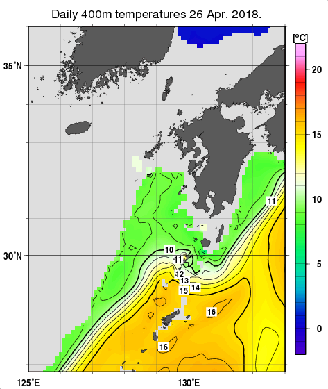 九州・山口県周辺海域の深さ400mの水温分布図（4月26日）