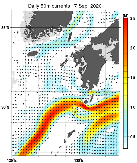 九州・山口県周辺海域の深さ50mの海流分布図（9月17日）