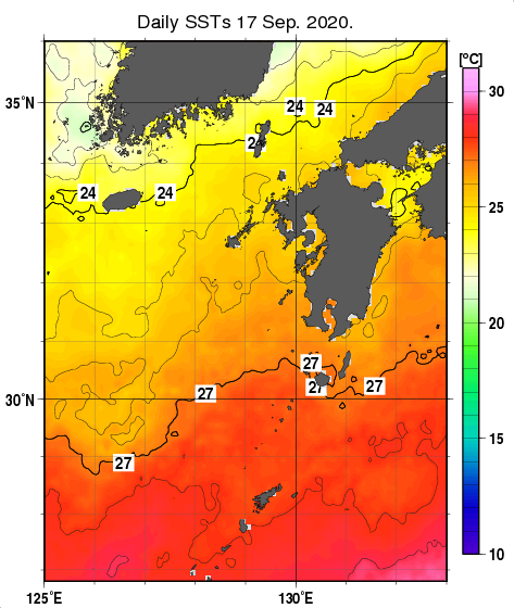 九州・山口県周辺海域の海面水温分布図（9月17日）