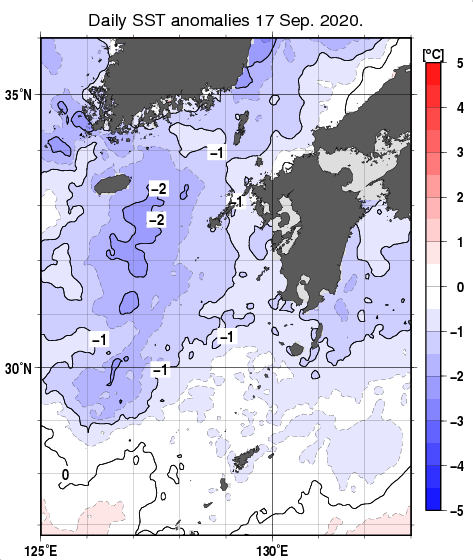 九州・山口県周辺海域の海面水温平年差分布図（9月17日）