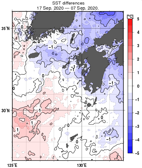 九州・山口県周辺海域の10日間の海面水温変化量分布図（9月17日）