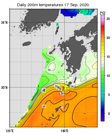 九州・山口県周辺海域の深さ200mの水温分布図（9月17日）