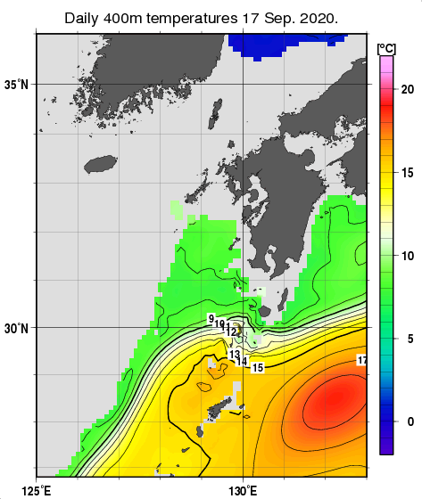 九州・山口県周辺海域の深さ400mの水温分布図（9月17日）