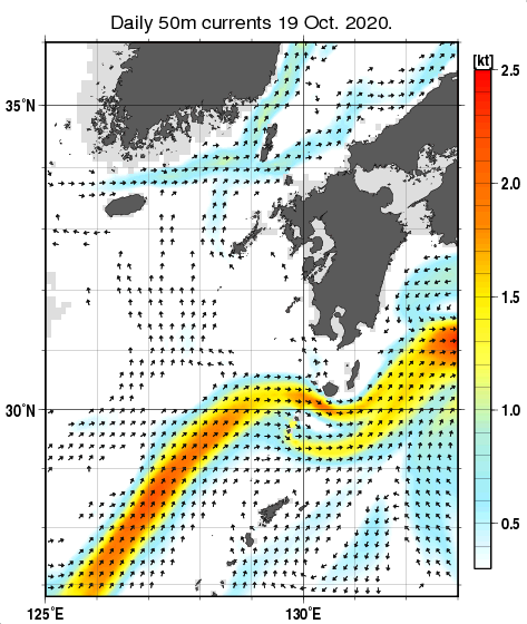 九州・山口県周辺海域の深さ50mの海流分布図（10月19日）