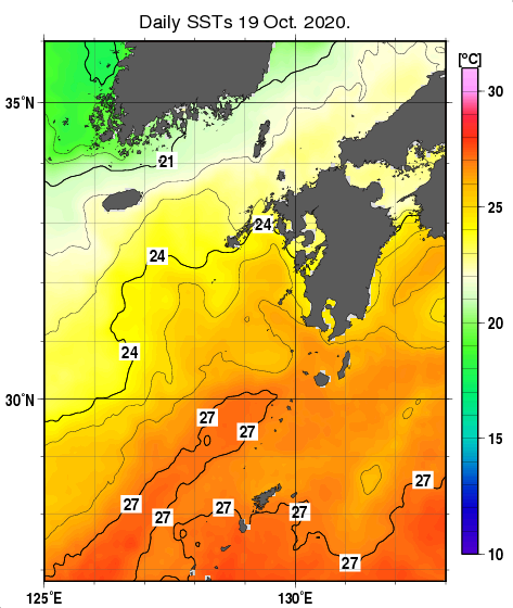 九州・山口県周辺海域の海面水温分布図（10月19日）