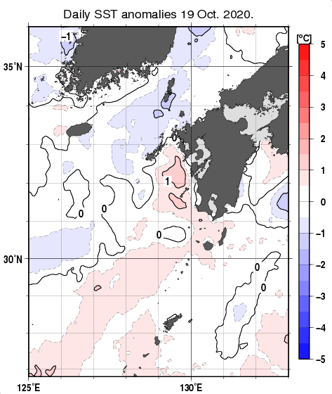 九州・山口県周辺海域の海面水温平年差分布図（10月19日）