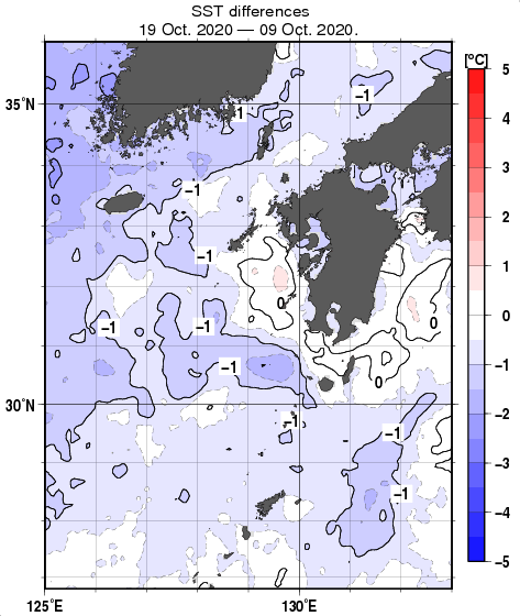 九州・山口県周辺海域の10日間の海面水温変化量分布図（10月19日）